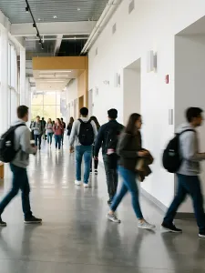 Students walking in a hallway of a school