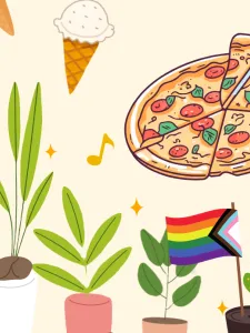 Illustration of pizza and pride flags 