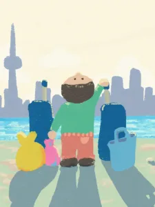 A person with luggage, looking at the Toronto skyline
