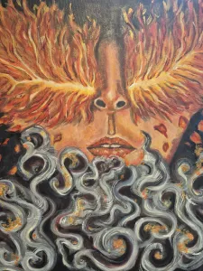 A human face, with starkly defined nose and lips, emerges alongside expansive phoenix-like wings through drifting smoke and ash. The composition blends dark, heavy textures with warm, glowing tones, evoking a sense of release, transformation, and renewal. 
