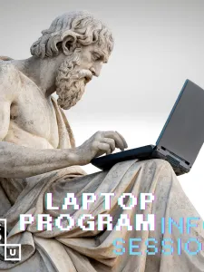 A marble statue using a laptop