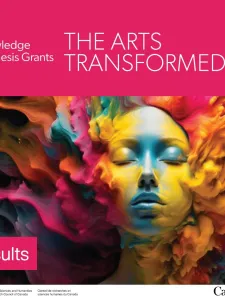 Pink coloured header with text Knowledge Synthesis Grants, The Arts Transformed with illustrated image of woman's face with swirls of colour - pink, blue and yellow with word at bottom left, Results and Canada wordmark and logo of the Social Sciences and Humanities Research Council