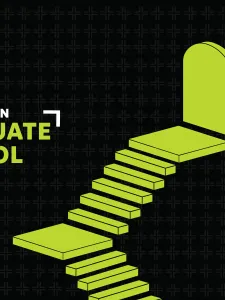 Green staircase ascending on the right with Art & Design Graduate School Fair logo on left