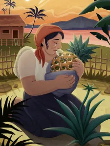 An illustration of a woman wearing a headscarf kneeling in a field and embracing an agave pina, surrounded by agave plants, a wooden fence, a small house, and a sunset landscape.