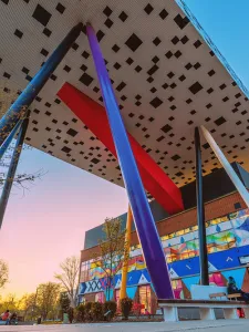 Photo of OCAD U building, 100 McCaul St., looking up towards the tabletop building