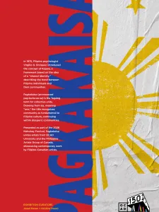 Poster promoting Pagkakaisa exhibition, with red background on left half with blue title and image of the sun on the right. 