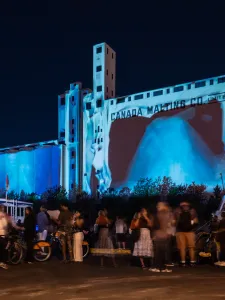 Crowd watching projection on Canada Malting Silos