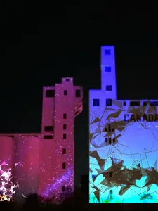 Artwork, "Breathe" of birds flying projected onto Canada Malting Silos