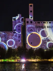 Projection of artwork on Canada Malting Silos, background purpose with circles