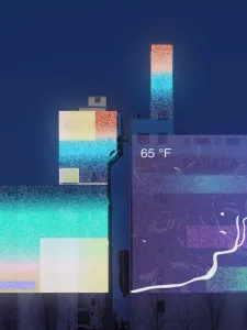 Artwork rendering projected on Canada Malting Silos, bars of green, purple rose