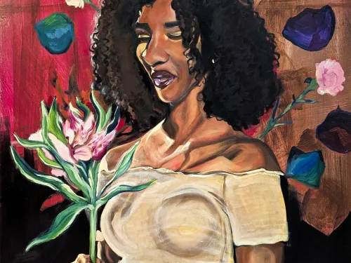 Curly hair, black/brown woman portrait with a flower in hand