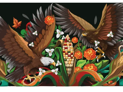 "The Shared Flight" 2025 mural by Diego Santamaría (HIDROCK). An ear of corn in the centre, with Two eagles, white trilliums and orange marigolds, on a black background.