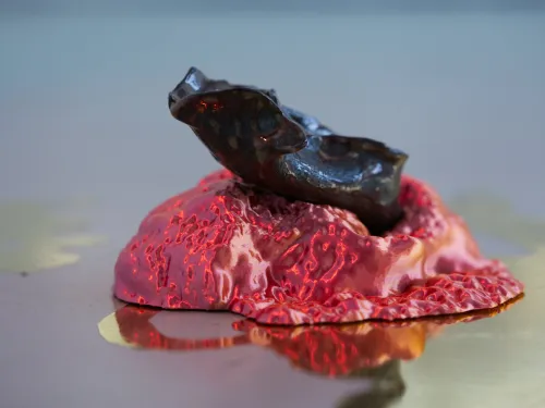 Artwork: Maria Simmons, Membranous Boundaries (detail), 2025. Image by Sasha Azanova. Red, Pink, Black and Dark Blue sculpture on blue and green background.