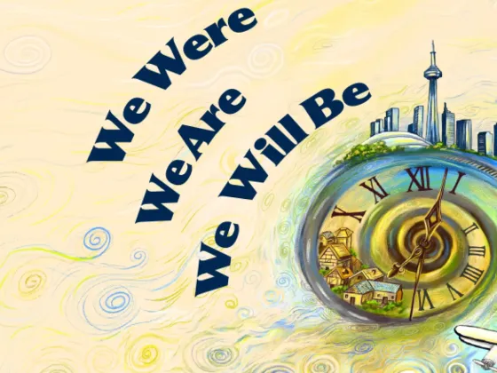 A swirling depiction of time and travel, where a spiral clock carries a journey from a small town to a modern city, connected by trains, airplanes, and the flow of motion. The Exhibition's name is We Were, We Are, We Will Be, July 16 to July 22, 9 am to 5 pm and July 23, 9 am to 12 pm at The Great Hall, OCAD University, 2nd floor, 100 McCaul St. Toronto