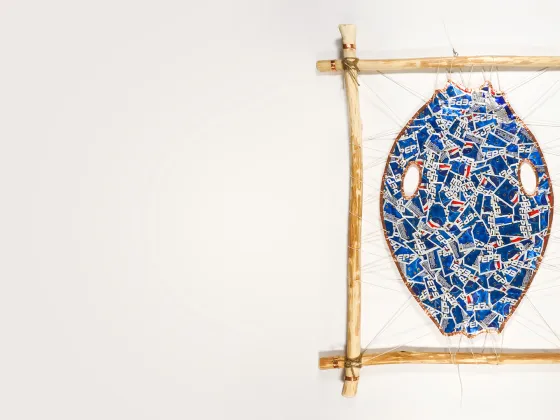 Michael Massie, “pop” art in suspension, 2025, aluminum, wood, copper, string/gut. Image courtesy of Fehely Fine Arts, photo by Renzo Fernandez.