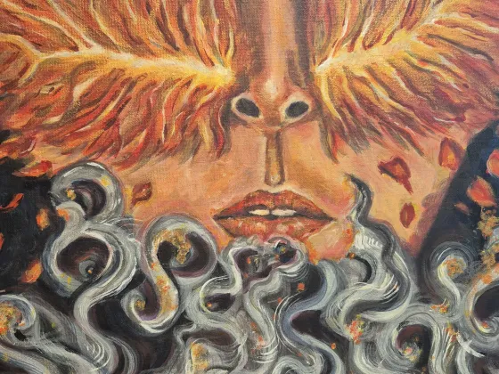 A human face, with starkly defined nose and lips, emerges alongside expansive phoenix-like wings through drifting smoke and ash. The composition blends dark, heavy textures with warm, glowing tones, evoking a sense of release, transformation, and renewal. 
