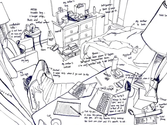 Drawing (black felt-tip pen on paper) of an interior space in a hotel room with annotated details about various objects and items