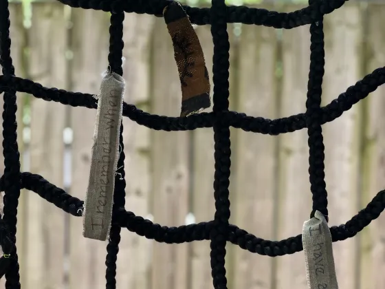 Intertwining rope forming squares with hanging cards with words