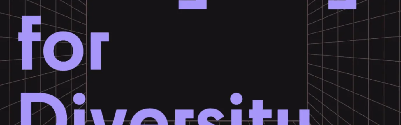 Black background with white lined grid, and the words Designing for Diversity written in lavender