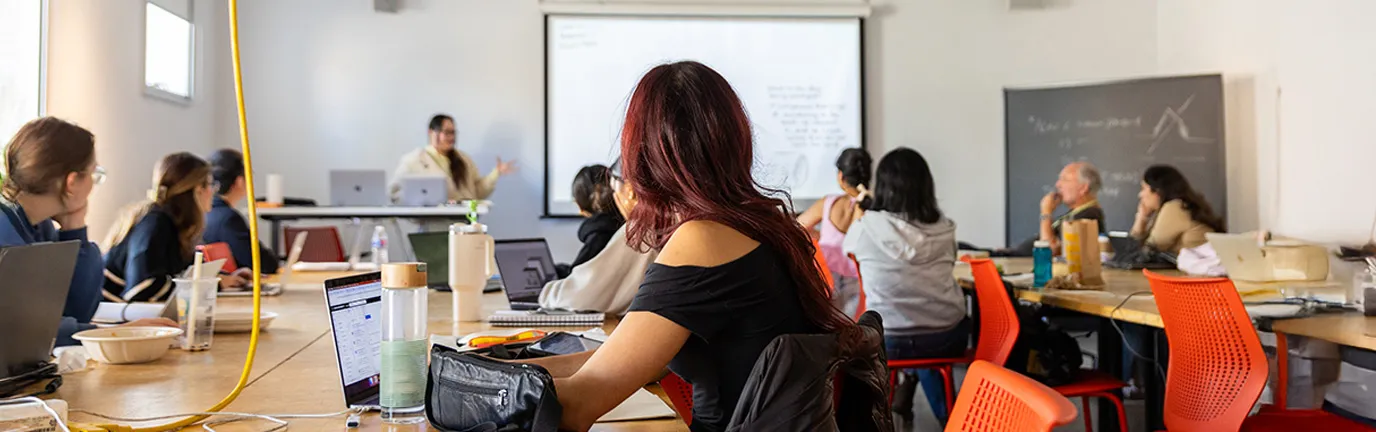 Students in a seminar room with laptops