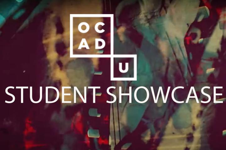 OCAD U Logo & White test saying Student Showcase. Abstract colourful background