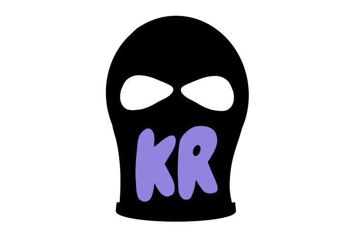 An illustration of a balaclava mask with the letters KR in purple over the mouth.