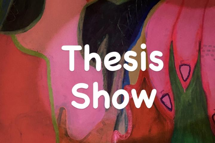 Worde Thesis Show in center with pink painting behind
