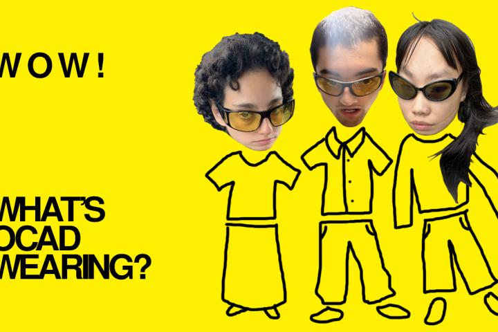 Yellow background with 3 faces a drawn bodies