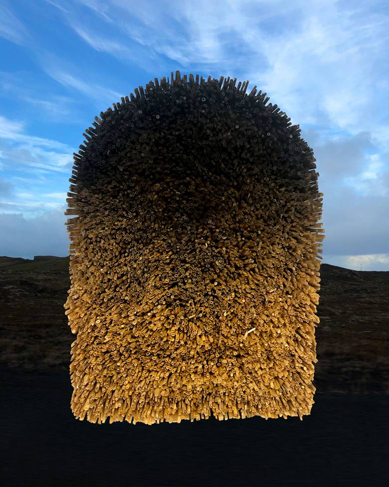 Photographic image of a bale of straw and pinewood with blue sky