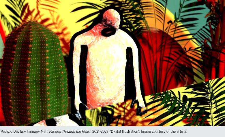 Patricio Dávila + Immony Mèn, Passing Through the Heart, 2021-2023 (Digital Illustration), Image courtesy of the artists. A digital illustration with depictions of a person and plants, using yellows, reds, blues and greens.