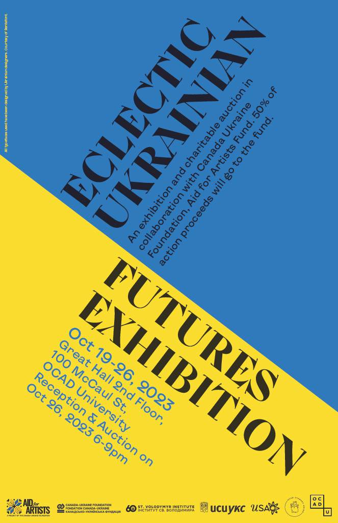 Title of exhibition "Eclectic Ukrainian Futures Exhibition" in black letters over blue and yellow background.