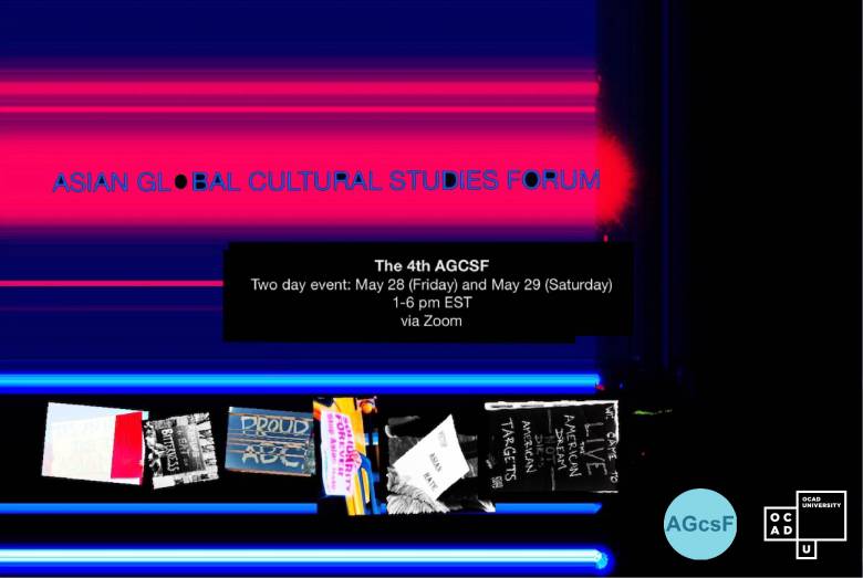 AGCSF Poster: Neon pink and blue streaks of light on dark backgroun with signs protesting Asian hate