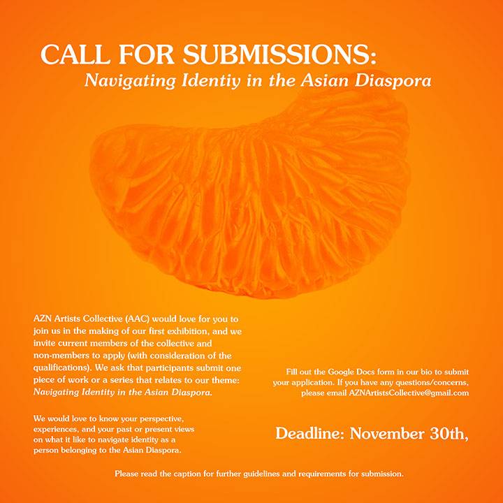 AZN Artists Collective Call for Submissions: orange-coloured cube with photo of a wedge of mandarin orange.