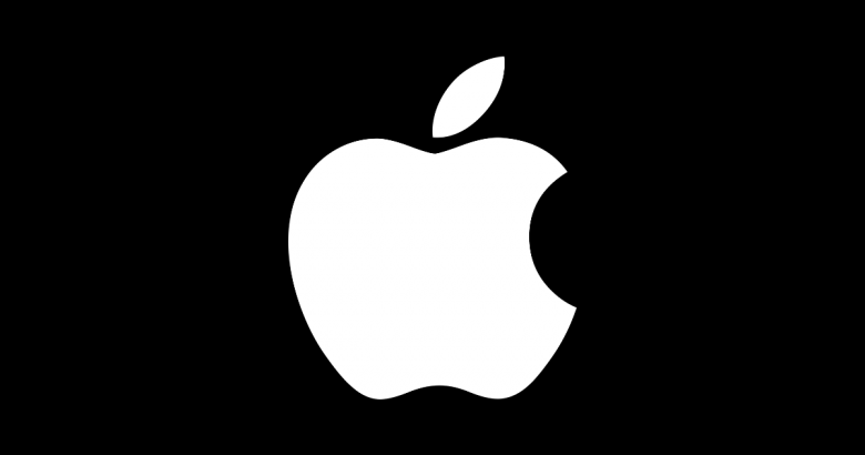 Apple logo, a white image of an apple with a bit taken out of its side.