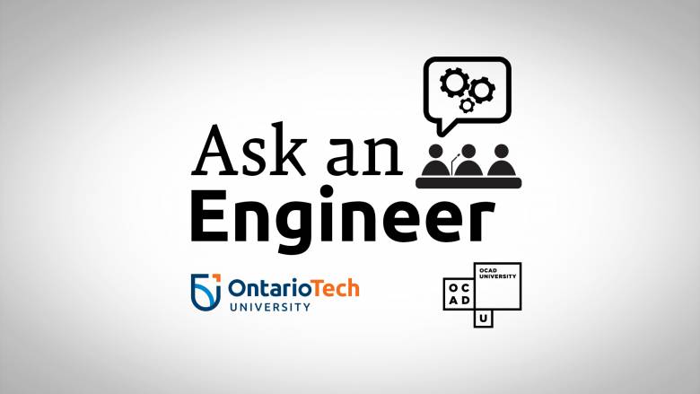 Ask an Engineer with UOIT text against grey background. OCADU and UOIT logo on bottom