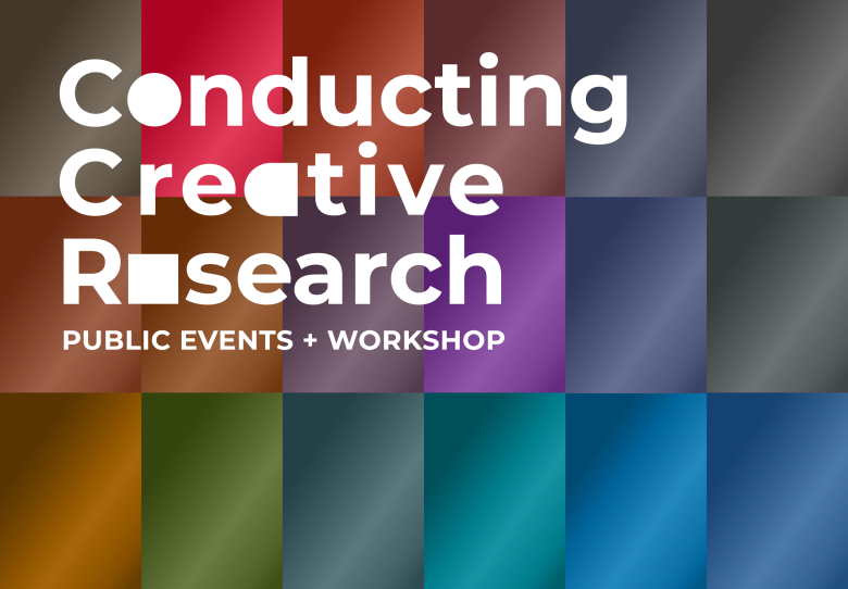 White text, "conducting creative research", on a quilted colourful background