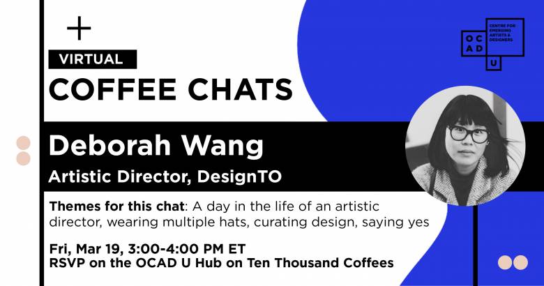 Coffee chats blue and black graphic with round photo of Deborah Wang in Black and white and event text
