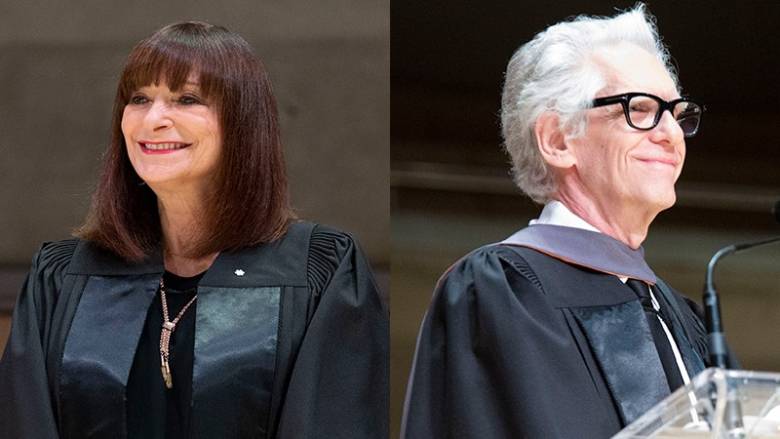 An image of Jeanne Beker (left) and David Cronenberg (right) receiving honorary degrees.
