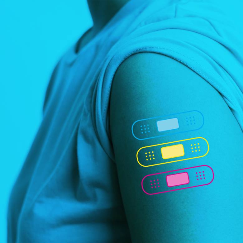 Blue photo of a person’s arm wearing a sleeveless shirt with three band-aids in blue, yellow and pink.