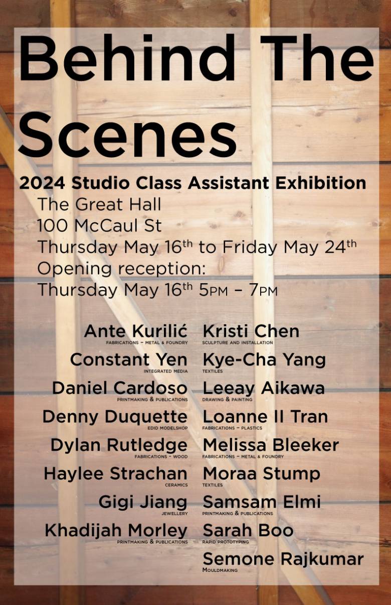 Poster for Behind the Scenes CA exhibition.  List of participants along with date and location