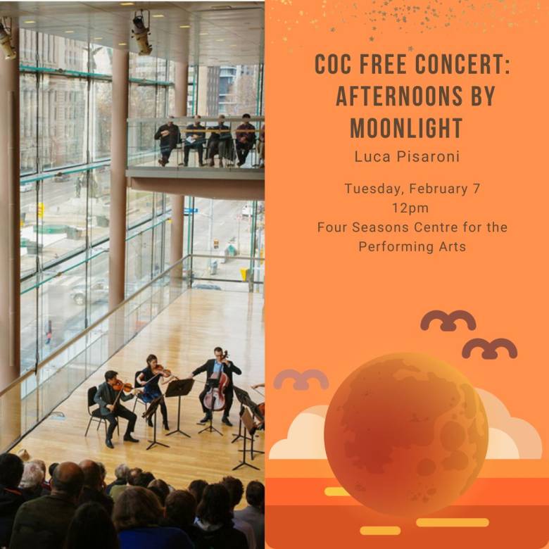 Image description: student-designed graphic features a photo on the left showing musicians and audience as found on the Four Seasons Centre website. Graphics on the right show a full moon, clouds and birds in flight, all in an orange and brown hue. Text as found above.