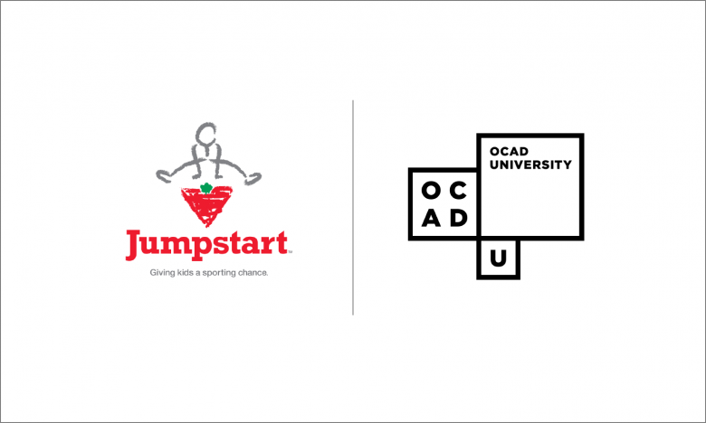 Left logo of red Canadian Tire Jumpstart program, Right: OCAD U black and white logo