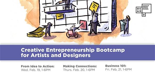 illustration of characters climbing calendar. Purple banner that reads Creative Entrepreneurship Bootcamp for Artists & Designer