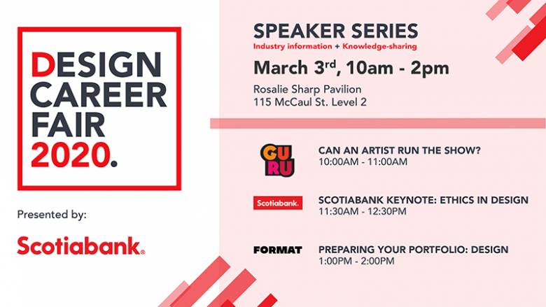 Red, pink and white design. Design Career Fair logo on left. Right side lists speaker series times