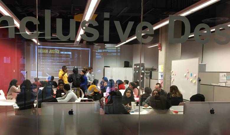 Image of Youth participants working in groups as part of the Creative Practice as Protest Workshop held at OCAD U in January 2020. 