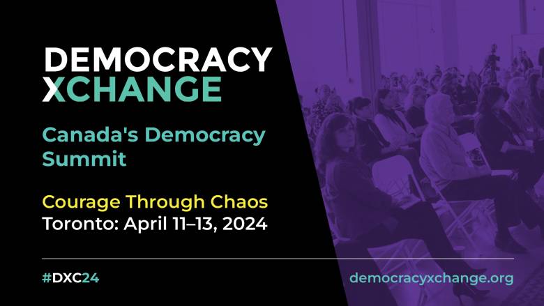 DemocracyXChange poster with event details on black and purple background. 