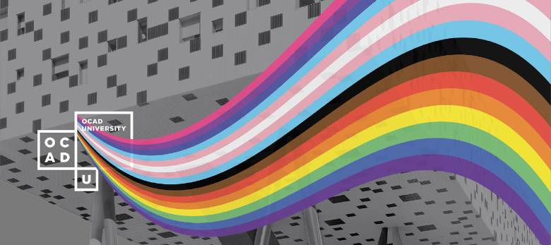 Image description: a background, black and white image of OCAD U's Rosalie Sharp Centre for Design is overlayed with a wave of rainbow colours. The OCAD U logo is top-left 
