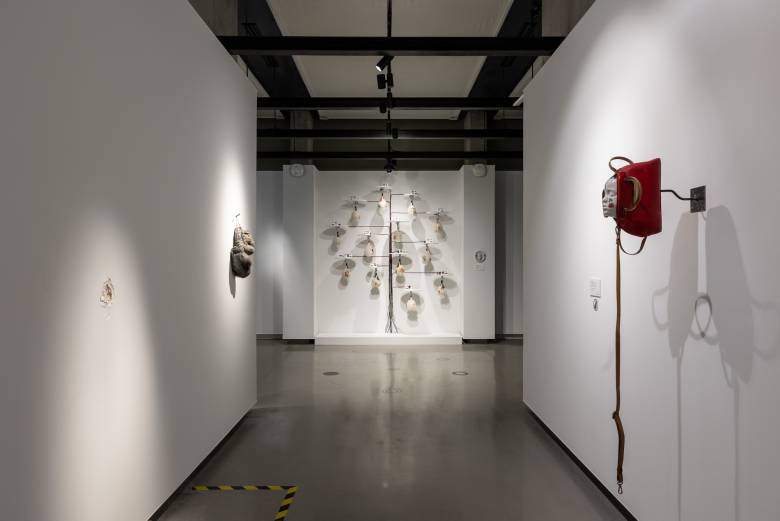 On Americanity and Other Experiences of Belonging, 2023. Onsite Gallery, OCAD University, Toronto. Installation View. Artwork shown: Eddy Firmin. Photo by Em Moor.