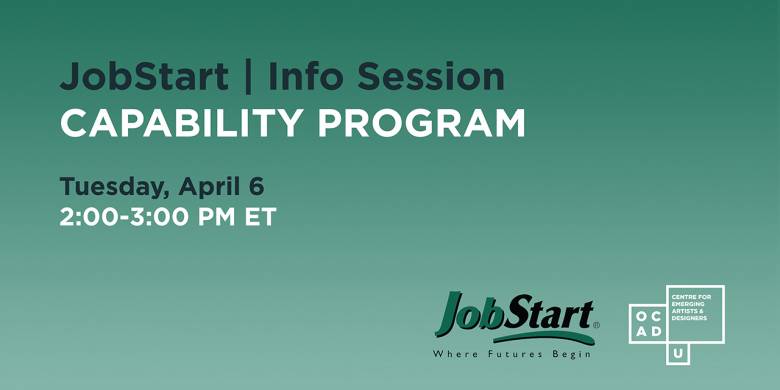 Dark to light green vertical gradient background graphic. Text in white and dark green "Job Start CAPABILITY PROGRAM, Tuesday April 6, 2-3 PM ET". Jobstart and CEAD Logos in bottom right 