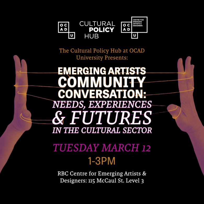 A poster for a Cultural Policy Hub community conversation featuring two animated hands holding strings like Cat's Cradle, with text information about the event between them
